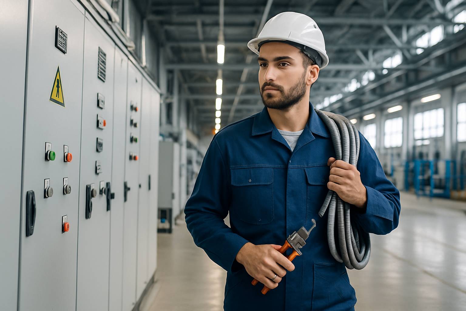 Electrician working in a commercial electrical room