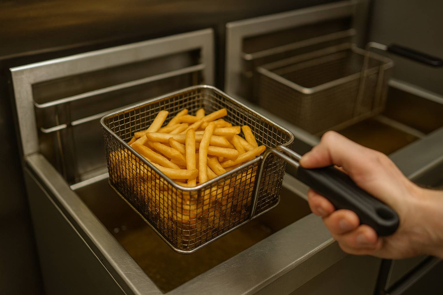 Deep fryer basket with fries in commercial kitchen