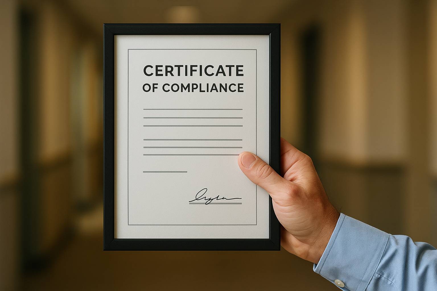 Close-up of framed certificate on office wall